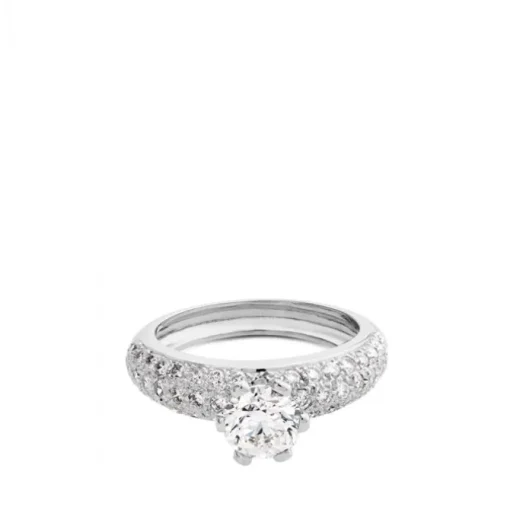 Solitario de oro blanco con 6 garras y pavé de diamantes laterales