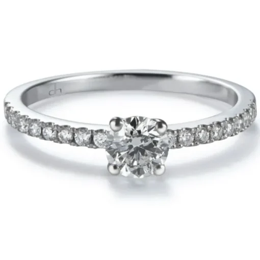 Solitario "Isabella" de oro blanco con diamante central en garra y diamantes en montura