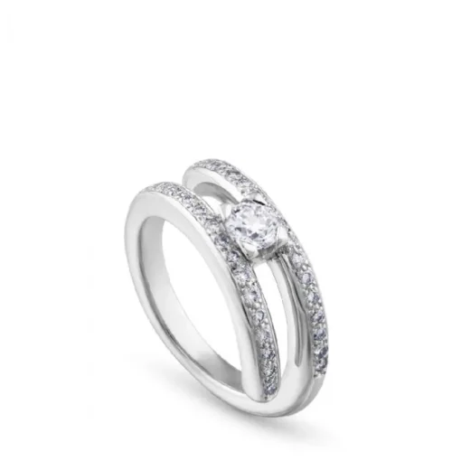 Solitario "Twins" de oro blanco con diamante central 0.34 quilates en garra y pavé en montura