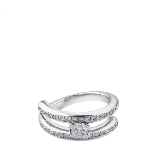 Solitario "Twins" de oro blanco con diamante central 0.34 quilates en garra y pavé en montura