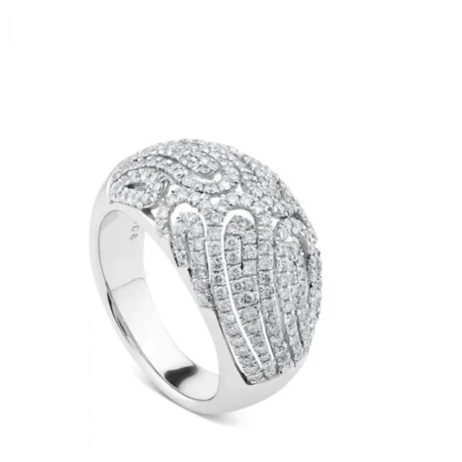 Sortija ancha de oro blanco con ondas de pavé de diamantes