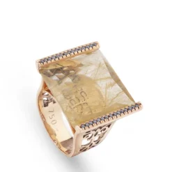 Sortija 'By You' de oro rosa con cuarzo rutilado y diamantes laterales negros