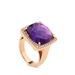Sortija cuadrada de oro rosa con amatista y pavé de diamantes