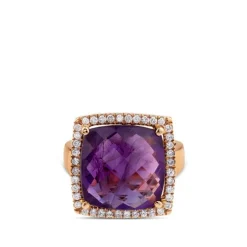 Sortija cuadrada de oro rosa con amatista y pavé de diamantes