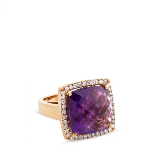 Sortija cuadrada de oro rosa con amatista y pavé de diamantes