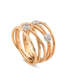 Sortija de hilos en oro rosa con círculos de pavés de diamantes en oro blanco