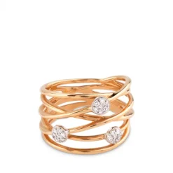 Sortija de hilos en oro rosa con círculos de pavés de diamantes en oro blanco