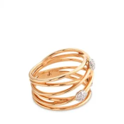 Sortija de hilos en oro rosa con círculos de pavés de diamantes en oro blanco