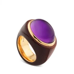 Sortija de madera burdeos y oro rosa con amatista