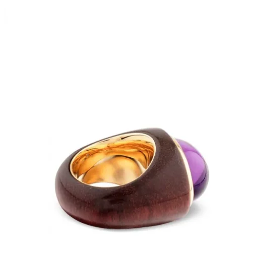 Sortija de madera burdeos y oro rosa con amatista