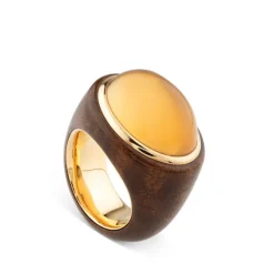 Sortija de madera marrón y oro amarillo con citrino