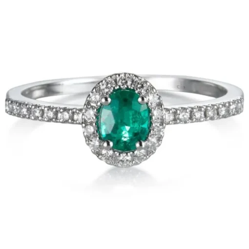 Sortija de oro blanco con diamantes y esmeralda oval