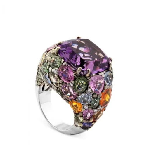 Sortija de oro blanco con diamantes y zafiros multicolor