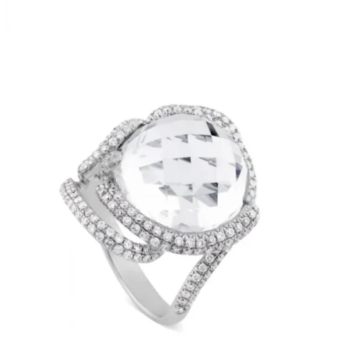 Sortija de oro blanco con cuarzo blanco y pavé de diamantes