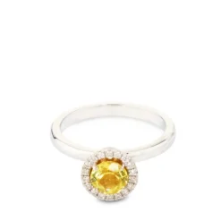 Sortija de oro blanco con diamantes y cuarzo limón en altura