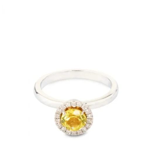 Sortija de oro blanco con diamantes y cuarzo limón en altura