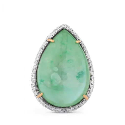 Sortija de oro blanco con doblete de cuarzo verde y nácar talla marquise y pavé de diamantes