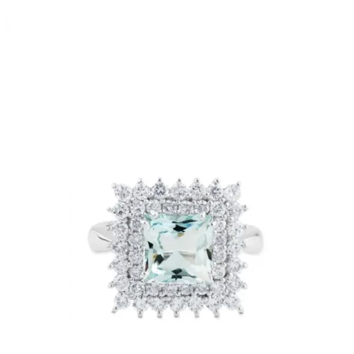 Sortija de oro blanco con aguamarina y orla de diamantes