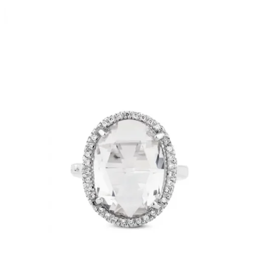 Sortija de oro blanco con topacio blanco oval y orla de pavé de diamantes
