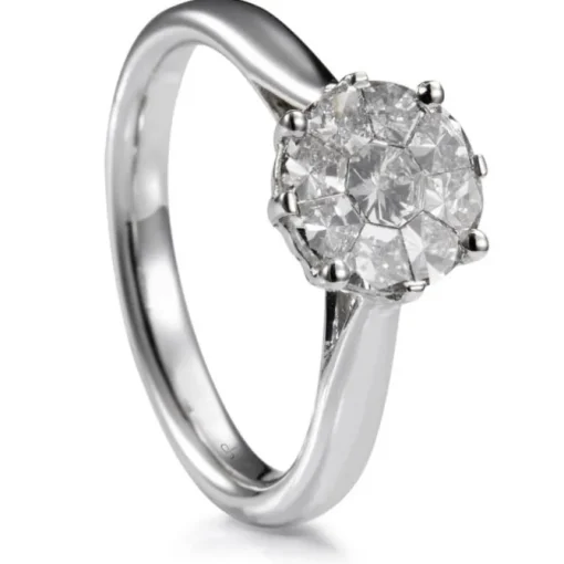 Sortija de oro blanco con diamantes y engaste invisible en 8 garras