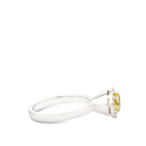 Sortija de oro blanco con diamantes y cuarzo limón en altura