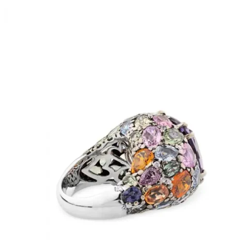 Sortija de oro blanco con diamantes y zafiros multicolor