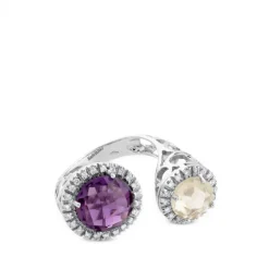 Sortija de oro blanco "tu y yo" con amatista y cuarzo limón redondas con orla de pavé de diamantes
