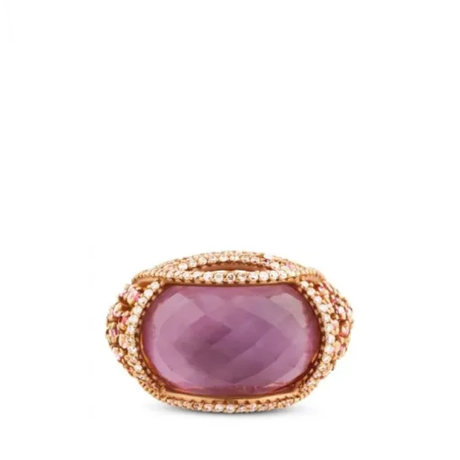 Sortija de oro rosa con doblete de amatista y nacar y pavés laterales de diamantes y zafiros violetas