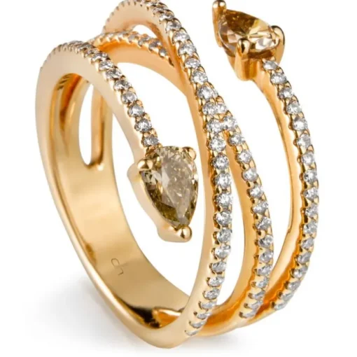 Sortija de oro rosa con diamantes y dos diamantes brown talla pera