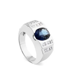 Sortija "Royal Trilogy" de oro blanco con zafiro oval y diamantes laterales
