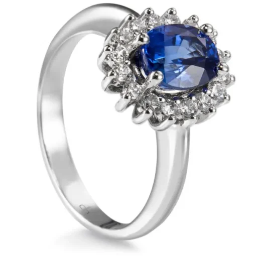 Sortija "Royal Trilogy" de oro blanco zafiro y orla de diamantes