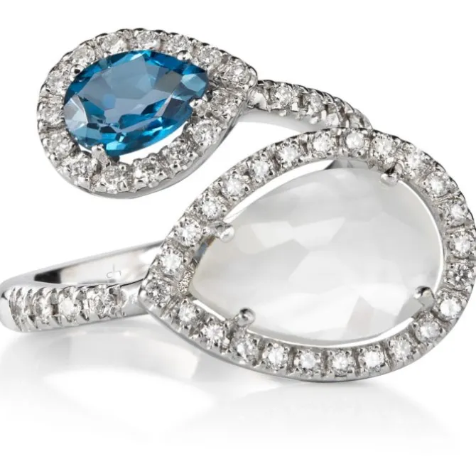 Sortija "tu y yo" de oro blanco con nácar, topacio azul y diamantes