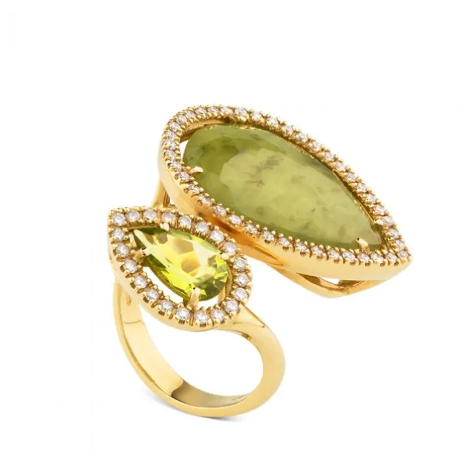 Sortija "tu y yo" de oro rosa con jade y peridoto en talla marquise y orla de diamantes