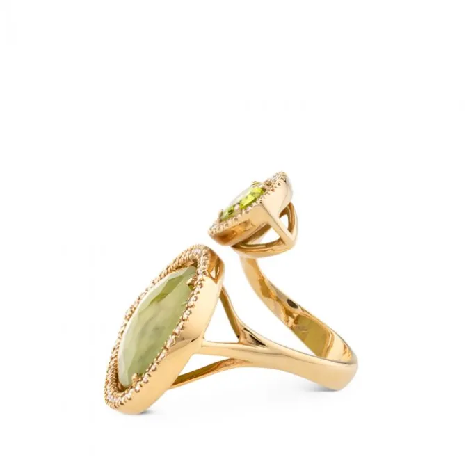 Sortija "tu y yo" de oro rosa con jade y peridoto en talla marquise y orla de diamantes